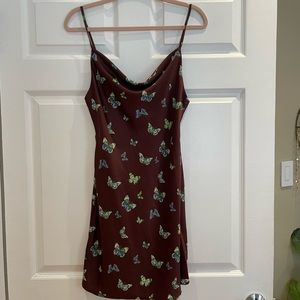 Urban Outfitters brown cowl neck dress with blue and green butterflies